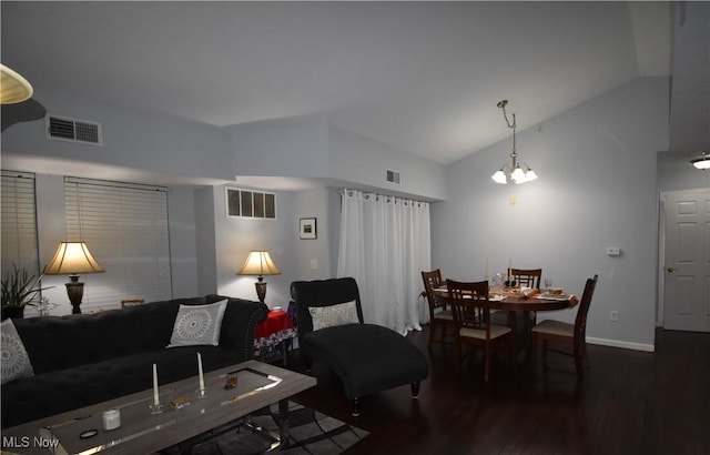 23004 Chandlers Ln Unit 4-344, Olmsted Falls, OH 44138 - living room featuring wood finished floors, vaulted ceiling, and a chandelier