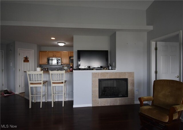 23004 Chandlers Ln Unit 4-344, Olmsted Falls, OH 44138 - living area with a fireplace, dark wood-style flooring, and recessed lighting