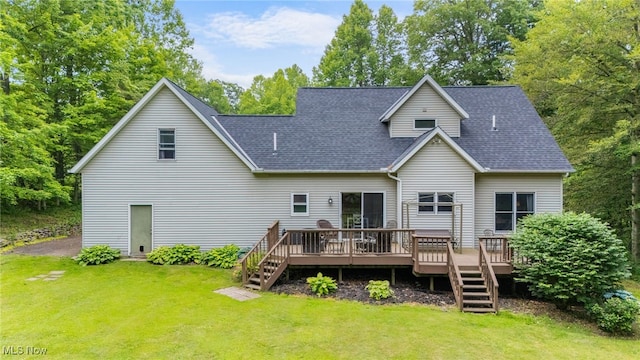 12230 Country Oaks Trl, Chardon, OH 44024 - back of house featuring roof with shingles, a lawn, a wooden deck, and stairs