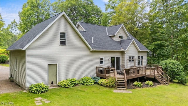 12230 Country Oaks Trl, Chardon, OH 44024 - back of house with a wooden deck, roof with shingles, a lawn, and stairs
