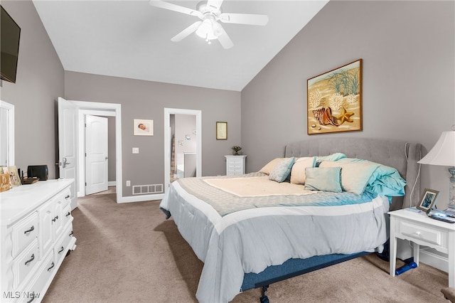 3202 S Lipkey Rd, North Jackson, OH 44451 - bedroom with light colored carpet, vaulted ceiling, a ceiling fan, and ensuite bathroom