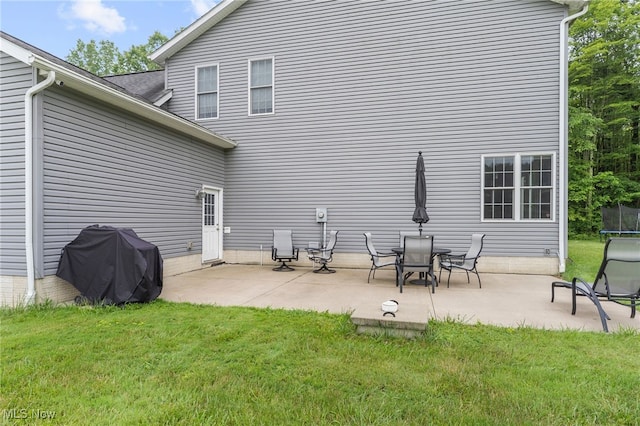3202 S Lipkey Rd, North Jackson, OH 44451 - back of property featuring a trampoline, a patio area, and a lawn