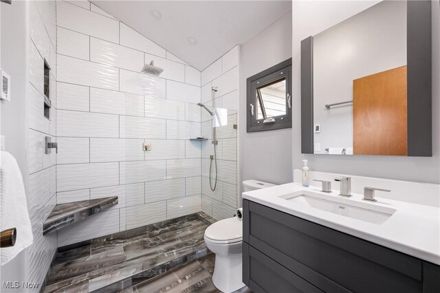 4869 Coleman Dr, Akron, OH 44319 - full bathroom featuring a tile shower, lofted ceiling, and vanity