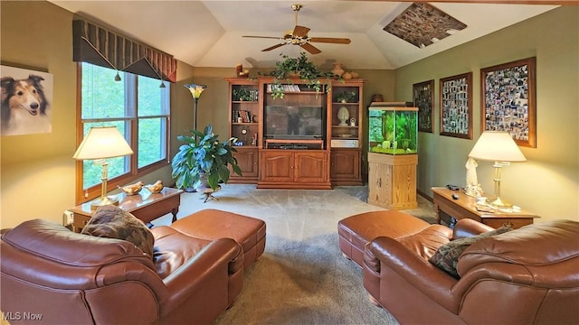 14751 Lancelot Ln E, North Royalton, OH 44133 - carpeted living area with a ceiling fan and lofted ceiling