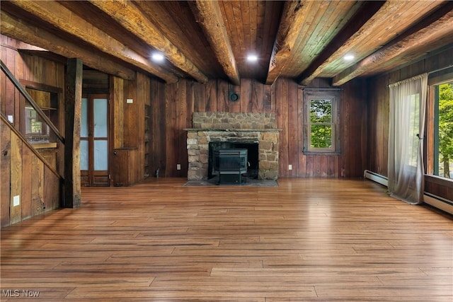 2132 Martin Rd, Mogadore, OH 44260 - unfurnished living room with baseboard heating, a wooden ceiling with exposed beams, wood-type flooring, wood walls, and stairs