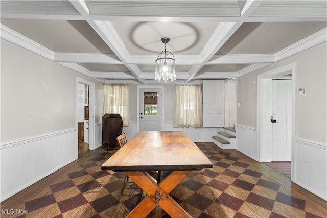 2132 Martin Rd, Mogadore, OH 44260 - dining space featuring a wainscoted wall, a chandelier, stairway, coffered ceiling, and beamed ceiling