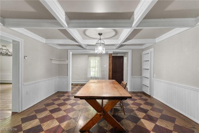 2132 Martin Rd, Mogadore, OH 44260 - unfurnished dining area featuring a chandelier, baseboard heating, wainscoting, a baseboard heating unit, and beamed ceiling