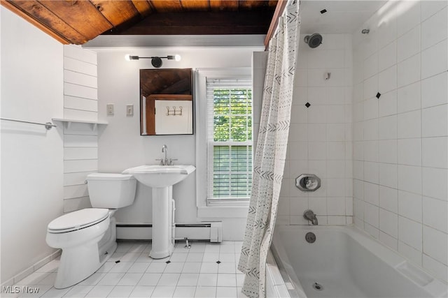 2132 Martin Rd, Mogadore, OH 44260 - bathroom with tile patterned floors, shower / bathtub combination with curtain, wood ceiling, and a baseboard radiator