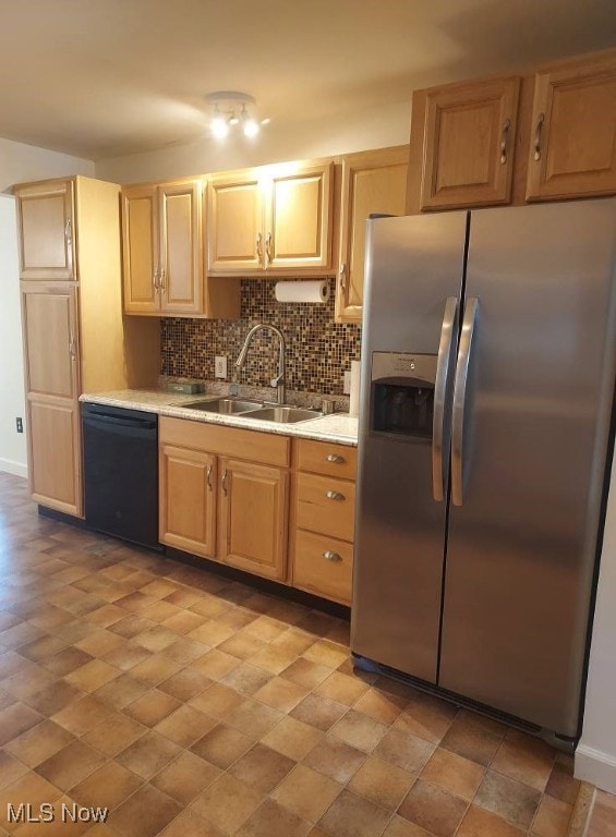300 37th St, Vienna, WV 26105 - kitchen with stainless steel fridge, dishwasher, decorative backsplash, and light brown cabinets
