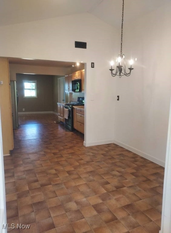 300 37th St, Vienna, WV 26105 - kitchen featuring black appliances, high vaulted ceiling, a chandelier, and pendant lighting