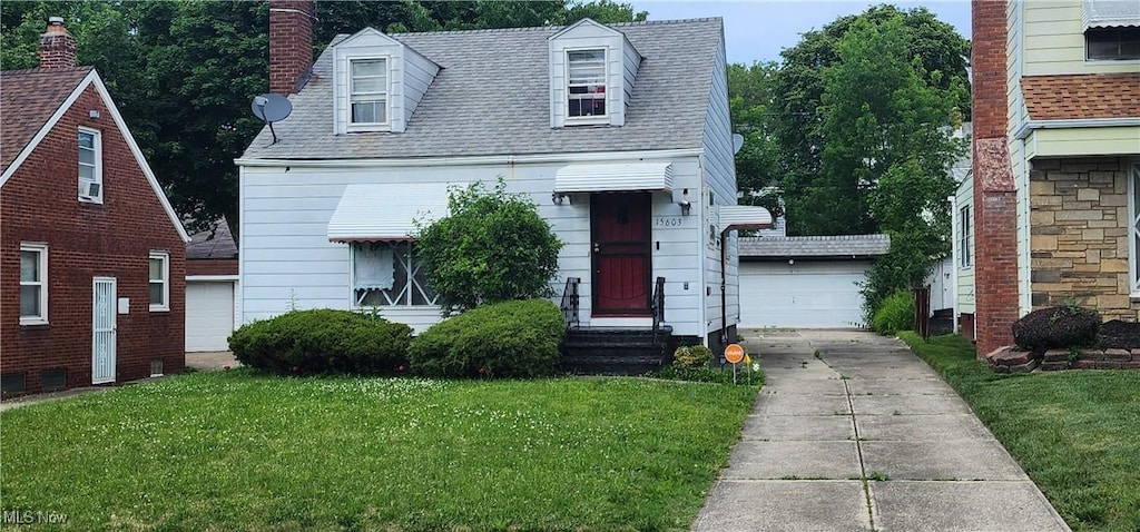 15603 Talford Ave, Cleveland, OH 44128 - cape cod house with a front lawn, an outdoor structure, a shingled roof, and a chimney
