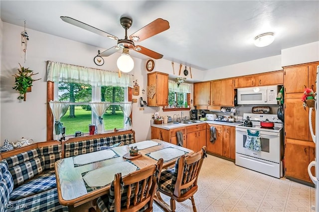 14860 Stoltz Rd, Diamond, OH 44412 - kitchen featuring white appliances, ceiling fan, brown cabinets, and light countertops