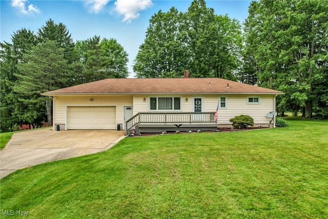 14860 Stoltz Rd, Diamond, OH 44412 - single story home featuring concrete driveway, a garage, a front yard, a deck, and a chimney