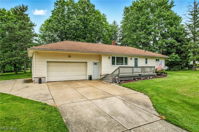 14860 Stoltz Rd, Diamond, OH 44412 - ranch-style house featuring a front lawn, a chimney, driveway, an attached garage, and a deck