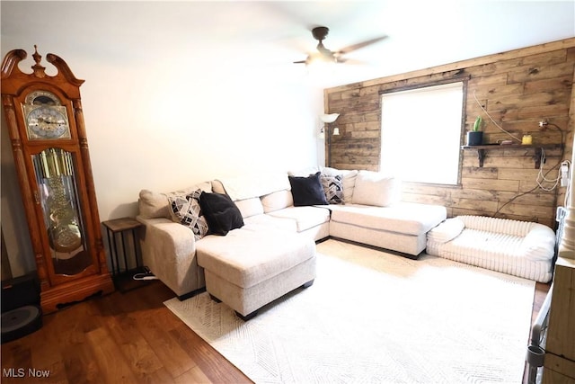148 Summerberry Ln, Niles, OH 44446 - living room with wood walls, wood finished floors, and a ceiling fan