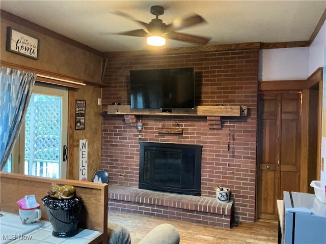 136 High St SE, Canal Fulton, OH 44614 - living area featuring ceiling fan, wood finished floors, and a fireplace