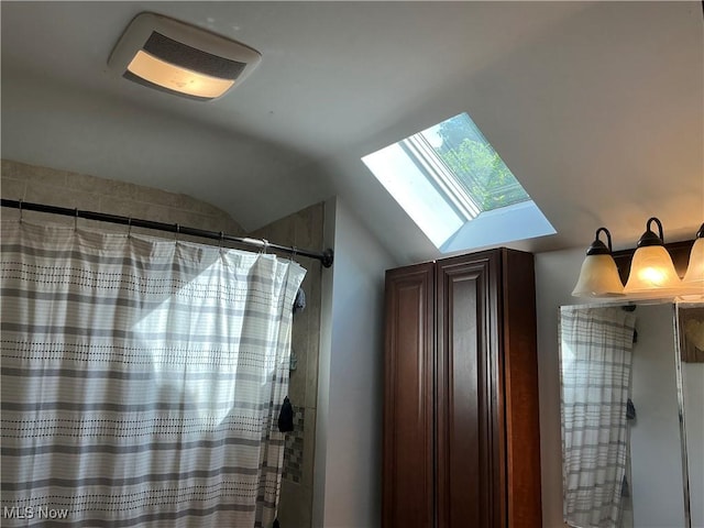 136 High St SE, Canal Fulton, OH 44614 - full bath with a skylight, vaulted ceiling, and a shower with shower curtain