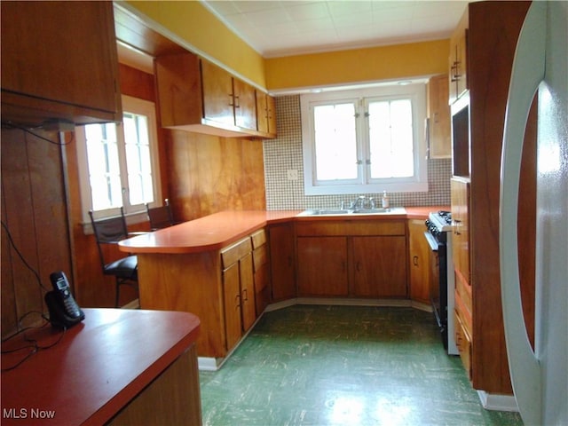 4017 N Ridge Rd W, Saybrook, OH 44004 - kitchen with gas range, freestanding refrigerator, brown cabinets, and plenty of natural light