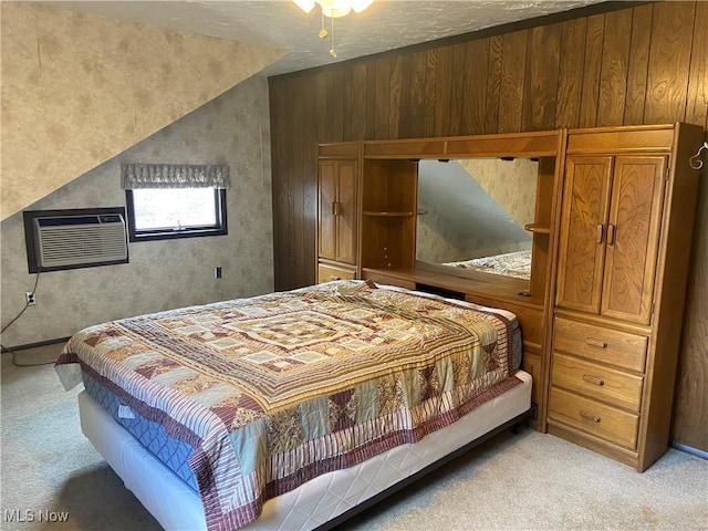 4520 E Wallings Rd, Broadview Heights, OH 44147 - bedroom with light colored carpet, an AC wall unit, and wood walls