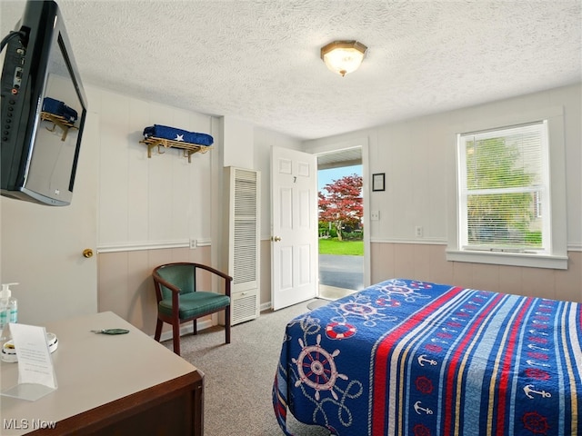 290-289 Park Ave, Conneaut, OH 44030 - carpeted bedroom with a heating unit, multiple windows, access to exterior, and a textured ceiling