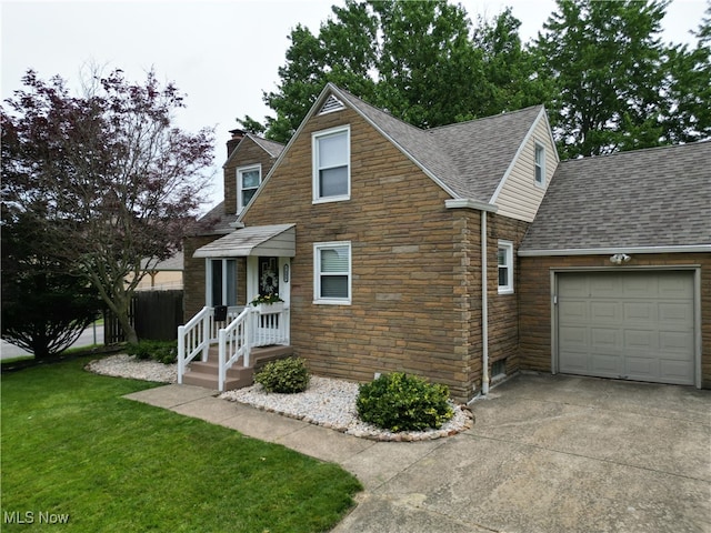 7355 Westview Dr, Boardman, OH 44512 - view of front of house featuring stone siding, roof with shingles, a garage, concrete driveway, and a chimney