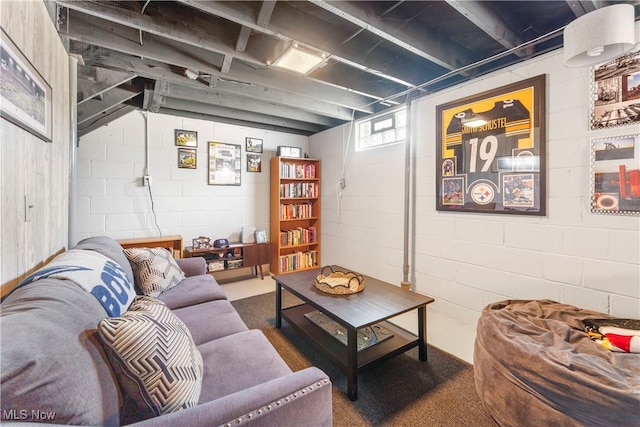 230 Hamilton Blvd, Struthers, OH 44471 - living room with concrete block wall and carpet floors