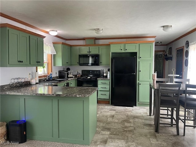 37346 Goose Run Rd, Dexter City, OH 45727 - kitchen featuring green cabinets, black appliances, crown molding, a peninsula, and dark stone counters