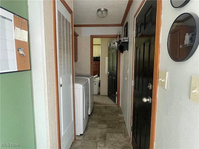 37346 Goose Run Rd, Dexter City, OH 45727 - laundry area featuring cabinet space, separate washer and dryer, stone finish floors, and crown molding