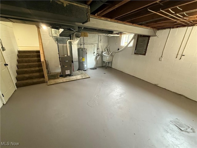3627 Marland Heights Rd, Weirton, WV 26062 - basement with electric panel, water heater, stairway, and heating unit