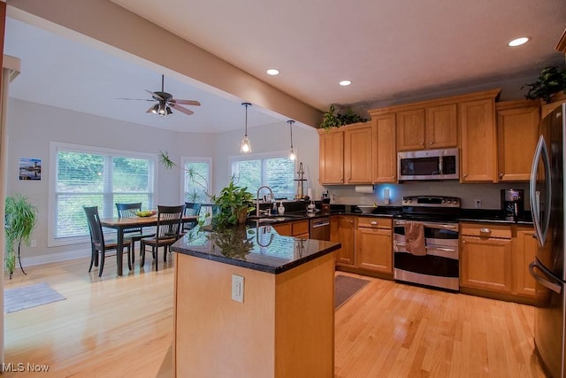 8311 Hemingway Ln, Mentor, OH 44060 - kitchen with stainless steel appliances, a peninsula, light wood finished floors, plenty of natural light, and recessed lighting