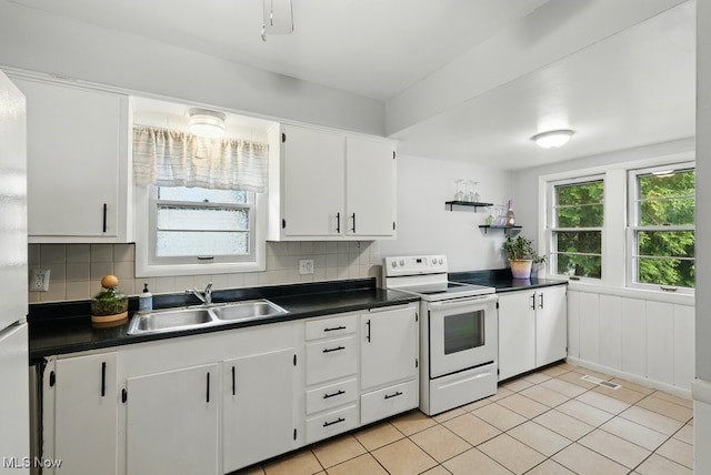 447 Allenford St, Akron, OH 44314 - kitchen featuring electric stove, dark countertops, backsplash, and white cabinets