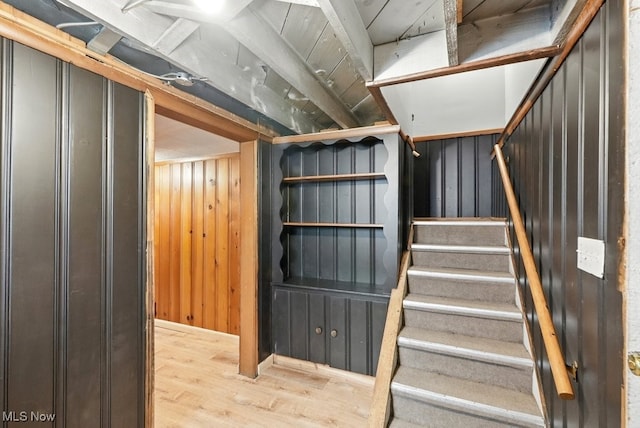 447 Allenford St, Akron, OH 44314 - stairway featuring wood finished floors and wooden walls