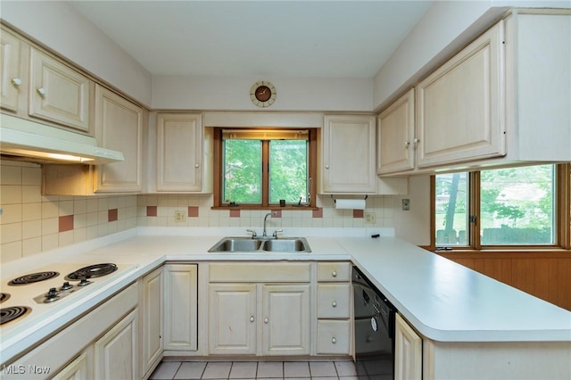 2375 Glendon Rd, University Heights, OH 44118 - kitchen featuring a peninsula, ventilation hood, white electric stovetop, black dishwasher, and decorative backsplash