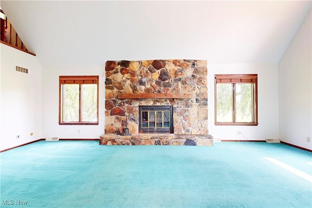 5864 State Route 213, Toronto, OH 43964 - unfurnished living room with lofted ceiling, healthy amount of natural light, carpet flooring, and a fireplace