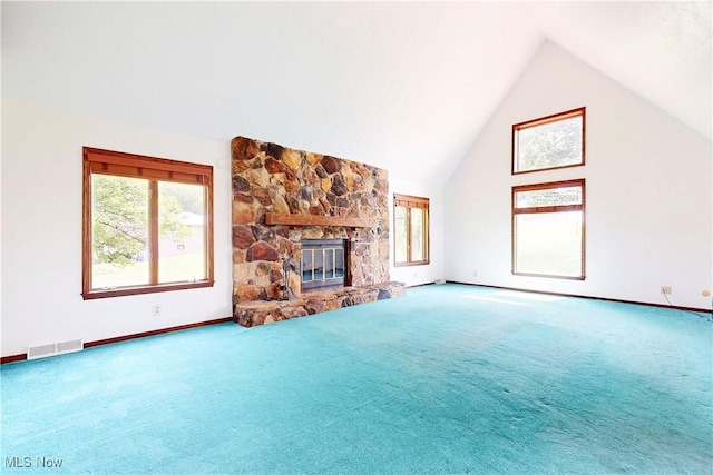 5864 State Route 213, Toronto, OH 43964 - unfurnished living room featuring carpet floors, a fireplace, and high vaulted ceiling