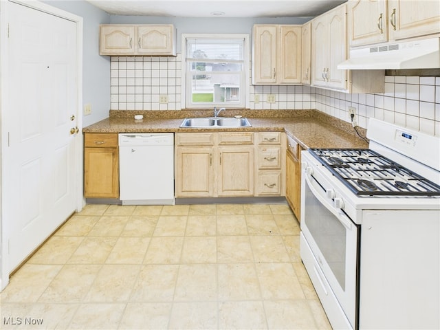1317 Crescent St, Parkersburg, WV 26101 - kitchen featuring white appliances, under cabinet range hood, light brown cabinets, tasteful backsplash, and dark countertops