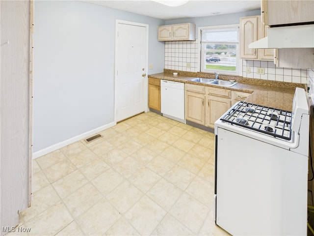 1317 Crescent St, Parkersburg, WV 26101 - kitchen with white appliances, light brown cabinetry, tasteful backsplash, and light flooring