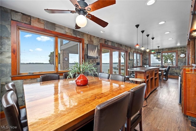 731 Cedar Point Rd, Sandusky, OH 44870 - dining space with dark wood-style floors, recessed lighting, and ceiling fan