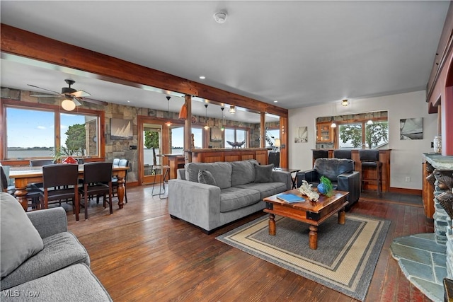 731 Cedar Point Rd, Sandusky, OH 44870 - living room featuring hardwood / wood-style floors, beamed ceiling, ceiling fan, and recessed lighting