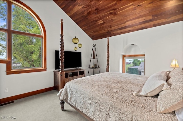 731 Cedar Point Rd, Sandusky, OH 44870 - carpeted bedroom featuring wooden ceiling and high vaulted ceiling
