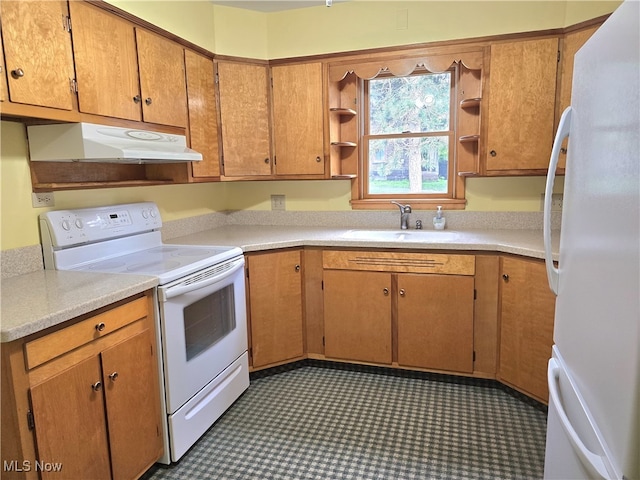 36277 Butcher Rd, Salem, OH 44460 - kitchen with white appliances, under cabinet range hood, open shelves, and light countertops