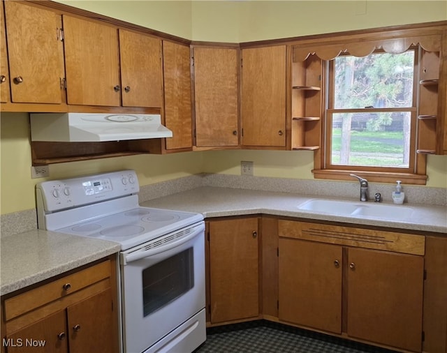 36277 Butcher Rd, Salem, OH 44460 - kitchen featuring white electric stove, under cabinet range hood, open shelves, and light countertops