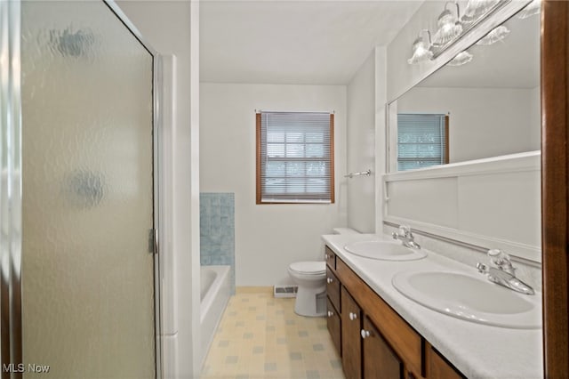 2100 Priscilla Ave NW, Massillon, OH 44647 - bathroom with a stall shower, double vanity, a bath, and tile patterned floors