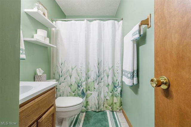 456 Hickory Ln, Salem, OH 44460 - bathroom with vanity, a shower with curtain, and a textured ceiling