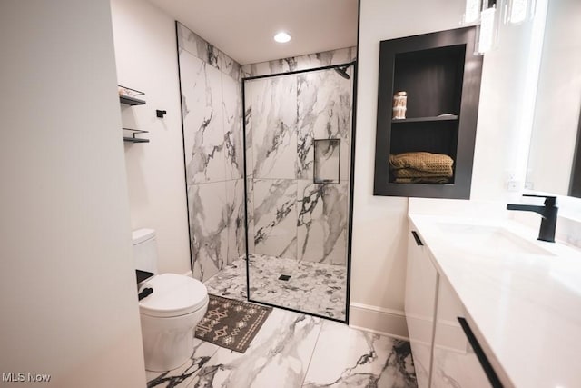 7363 Kempton Ct, Canfield, OH 44406 - bathroom featuring marble finish floors, a marble finish shower, vanity, and recessed lighting