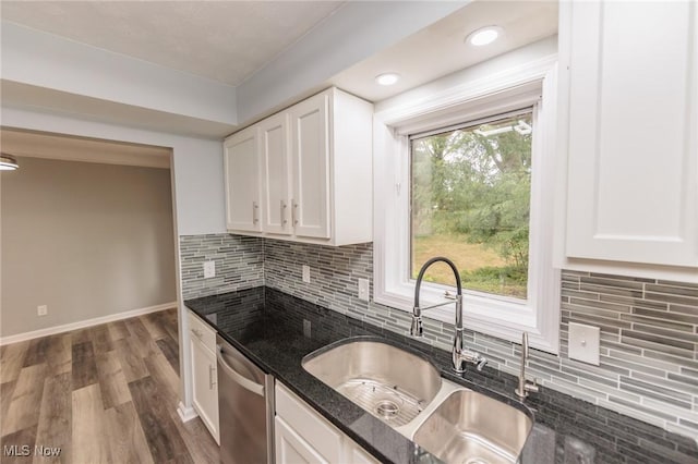 6114 Crossview Rd, Seven Hills, OH 44131 - kitchen with dishwasher, dark stone countertops, white cabinets, dark wood-style flooring, and recessed lighting