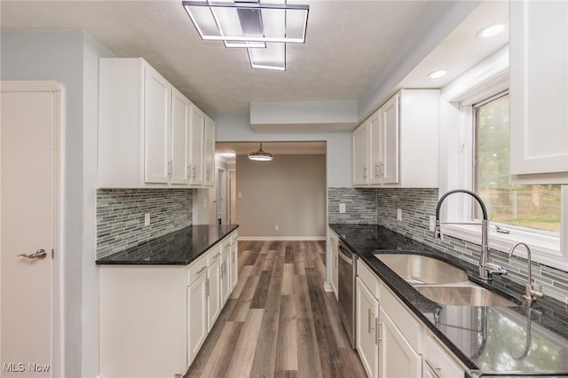 6114 Crossview Rd, Seven Hills, OH 44131 - kitchen with dark wood finished floors, dishwasher, white cabinetry, backsplash, and recessed lighting