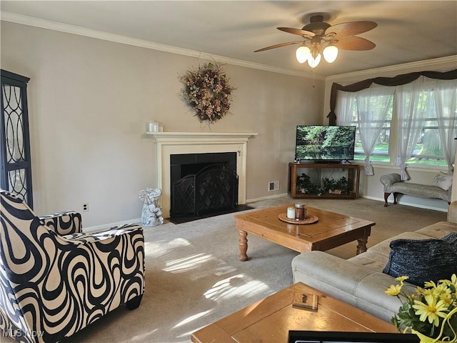 145 Edgewood Dr, Berea, OH 44017 - carpeted living room featuring ceiling fan, ornamental molding, and a fireplace with flush hearth