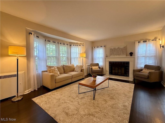 2337 Charney Rd, University Heights, OH 44118 - living area with plenty of natural light, dark wood finished floors, radiator heating unit, and a tiled fireplace