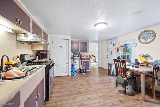 83 S Pleasant St, Oberlin, OH 44074 - kitchen with stainless steel gas range, a textured ceiling, light wood-style flooring, light countertops, and exhaust hood